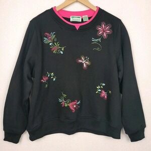 Vintage 90s Shenanigans Black Embroidered Floral Butterfly Sweatshirt Womens PXL
